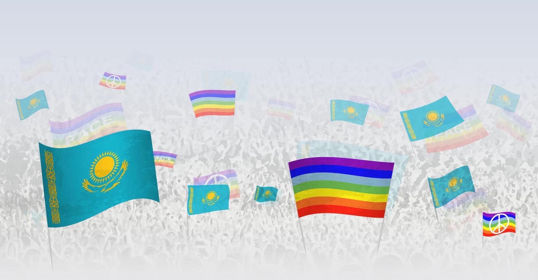 People waving Peace flags and flags of Kazakhstan. Illustration of throng celebrating or protesting with flag of Kazakhstan and the peace flag. vector