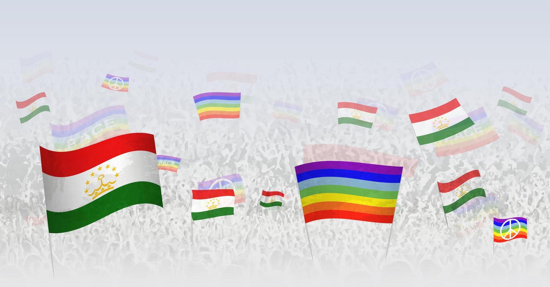 People waving Peace flags and flags of Tajikistan. Illustration of throng celebrating or protesting with flag of Tajikistan and the peace flag. vector