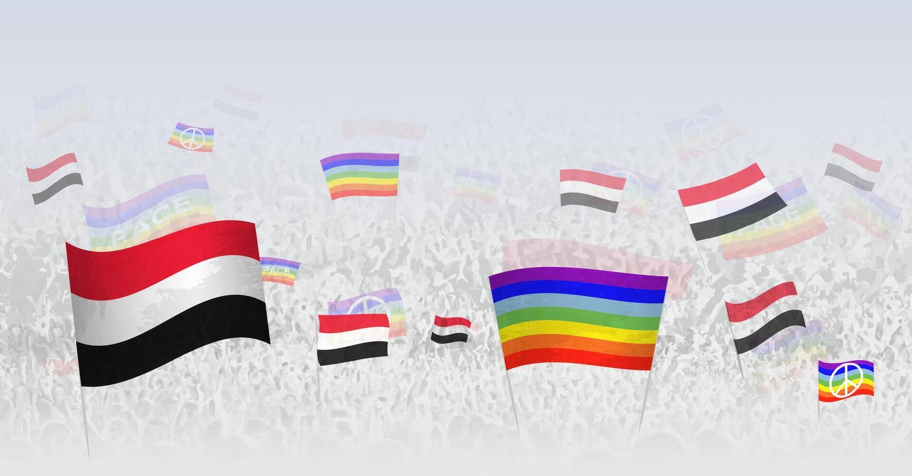 People waving Peace flags and flags of Yemen. Illustration of throng celebrating or protesting with flag of Yemen and the peace flag. vector