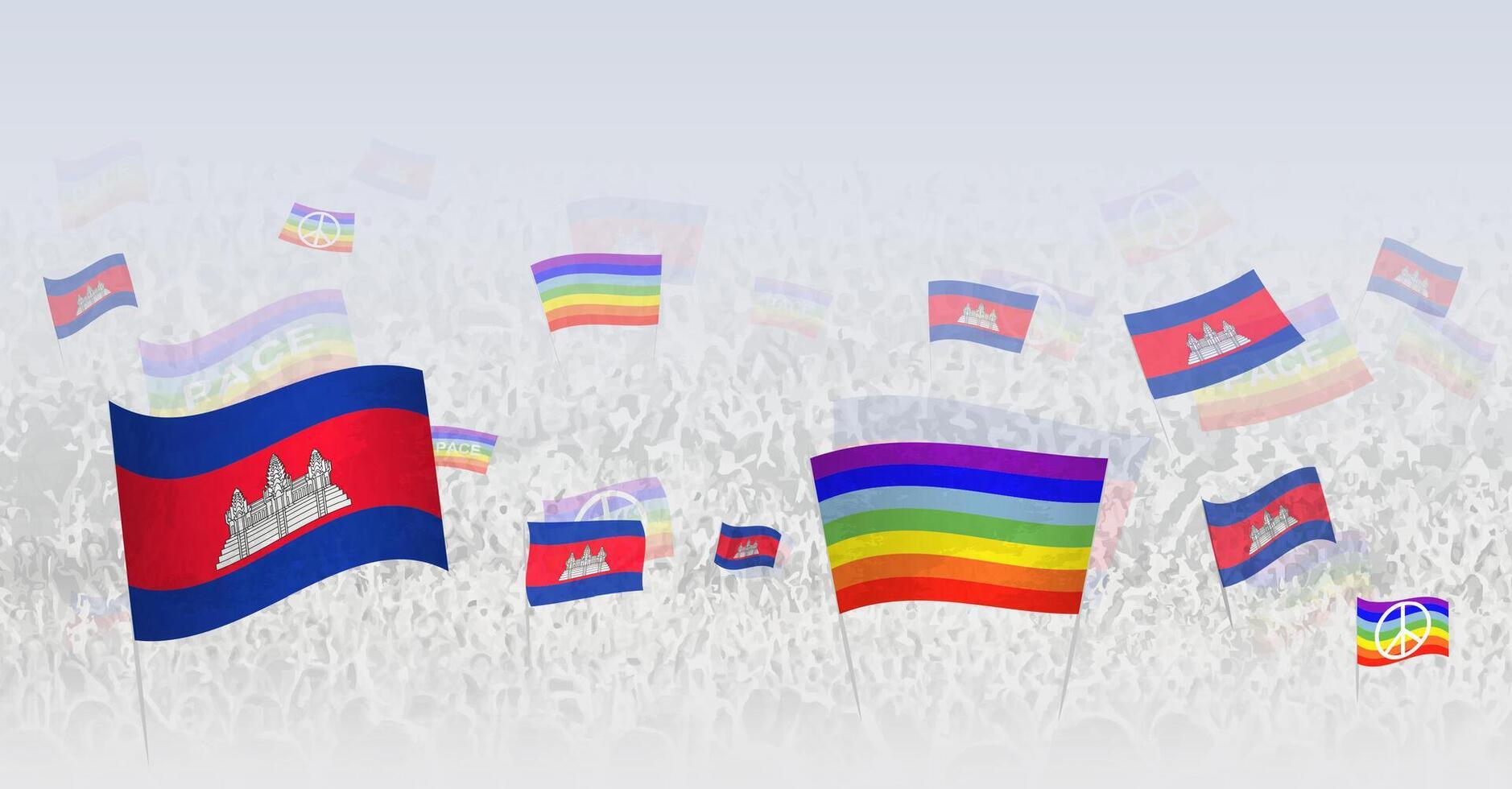 People waving Peace flags and flags of Cambodia. Illustration of throng celebrating or protesting with flag of Cambodia and the peace flag. vector