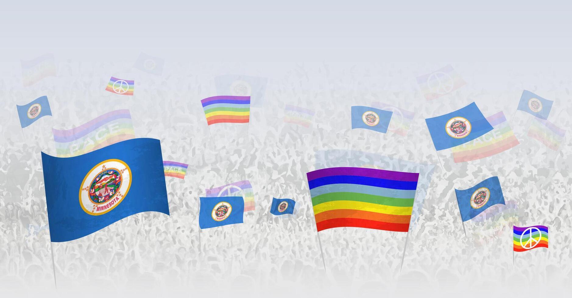 People waving Peace flags and flags of Minnesota. Illustration of throng celebrating or protesting with flag of Minnesota and the peace flag. vector