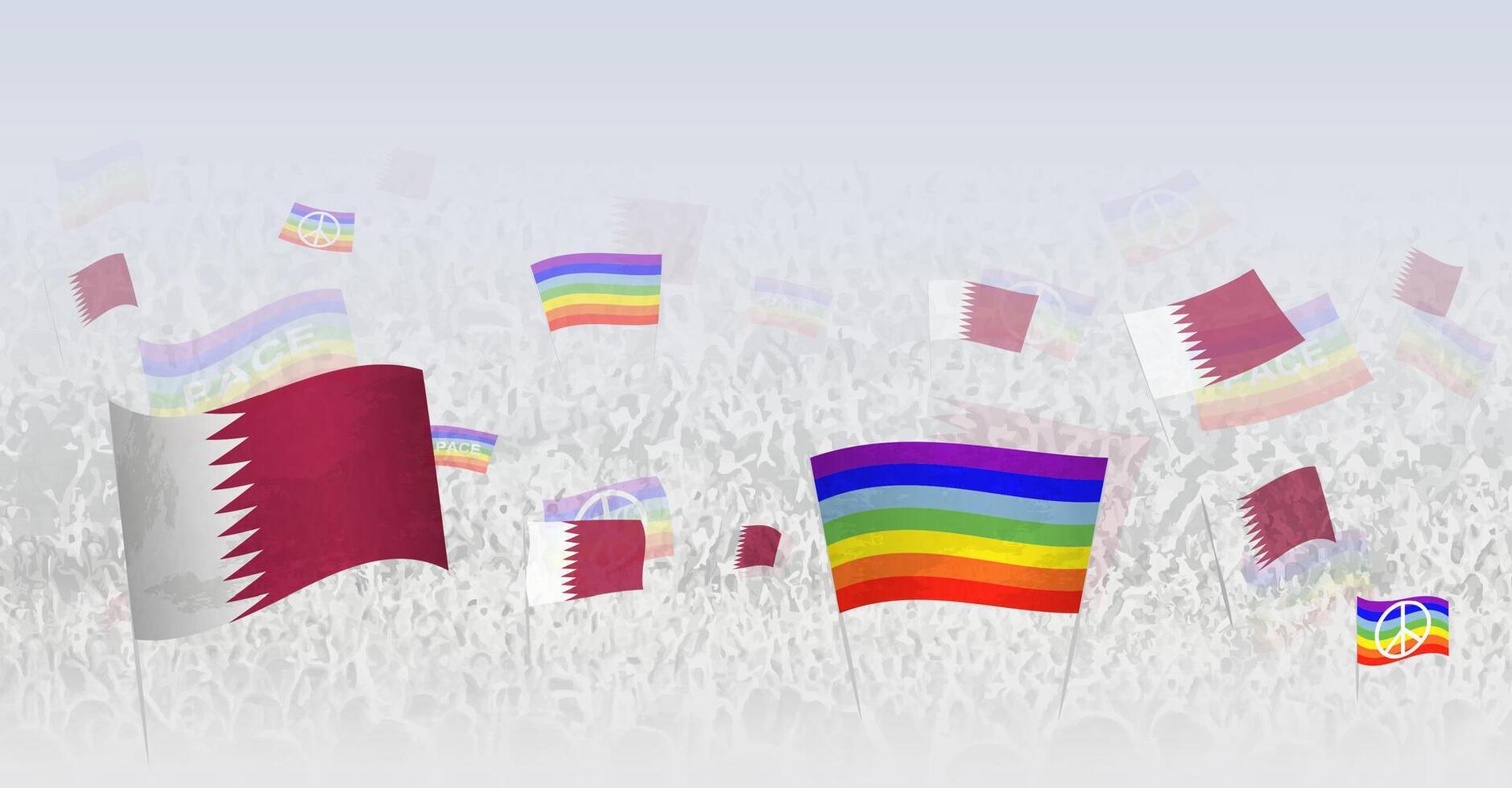 People waving Peace flags and flags of Qatar. Illustration of throng celebrating or protesting with flag of Qatar and the peace flag. vector