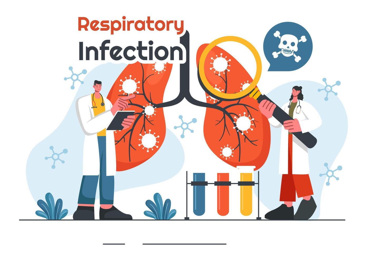 Illustration of Respiratory Infection and Inflammation in the Lungs Caused by Virus Cells on a Background in Healthcare and Medical Concept vector
