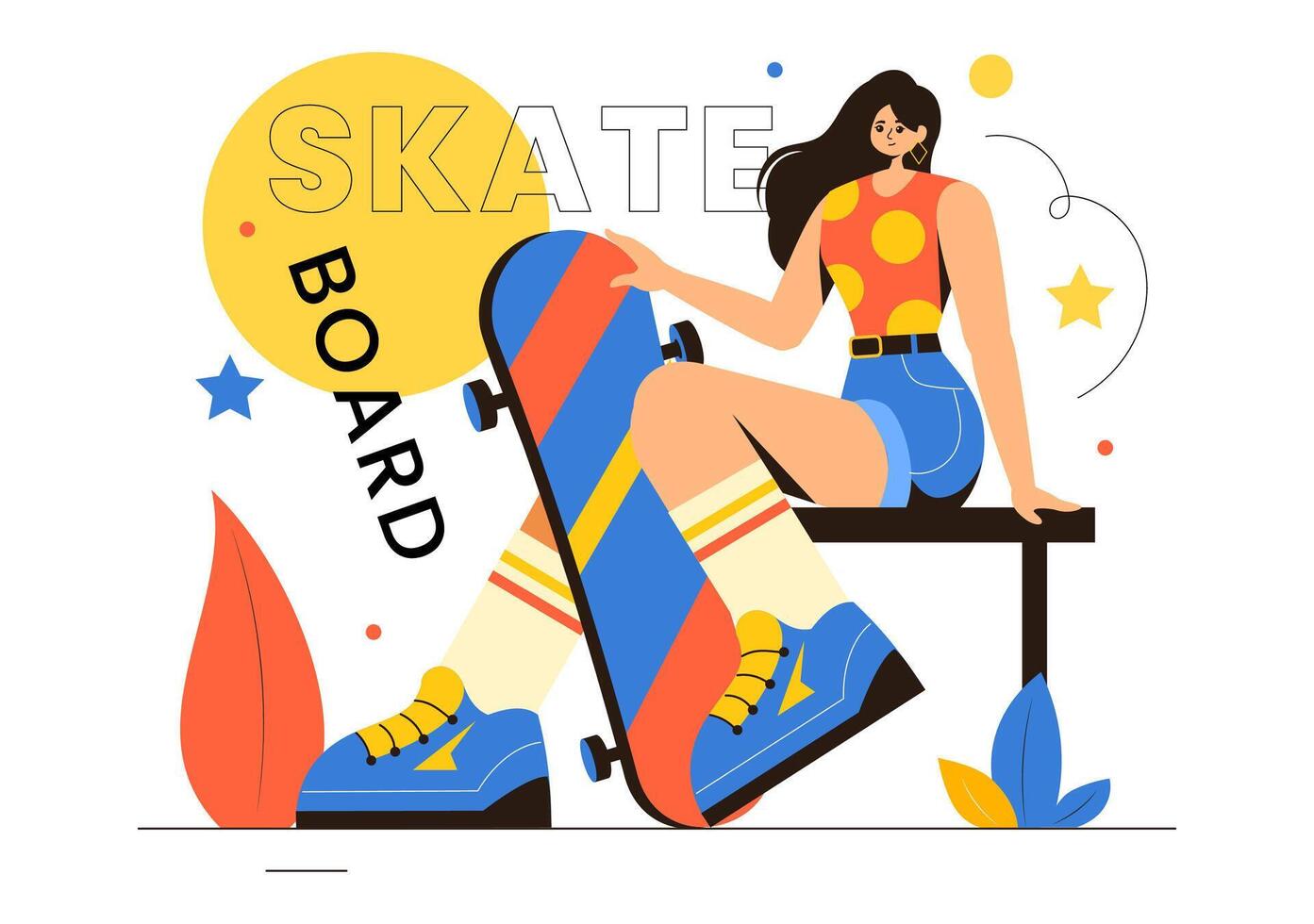Skateboard Illustration with Skateboarders Jumping on a Springboard in a Skatepark in Extreme Sports on Flat Style Cartoon Background vector