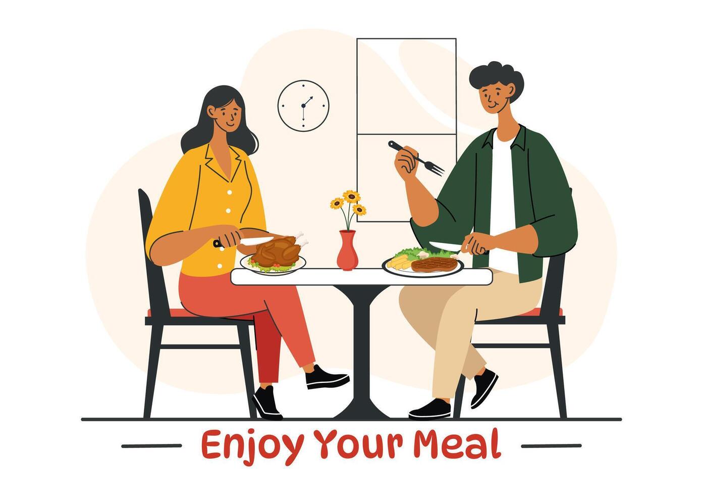 Enjoy Your Meal Illustration of a Variety of Delicious Food in Home or Restaurant Settings in Flat Style Cartoon Background Design vector