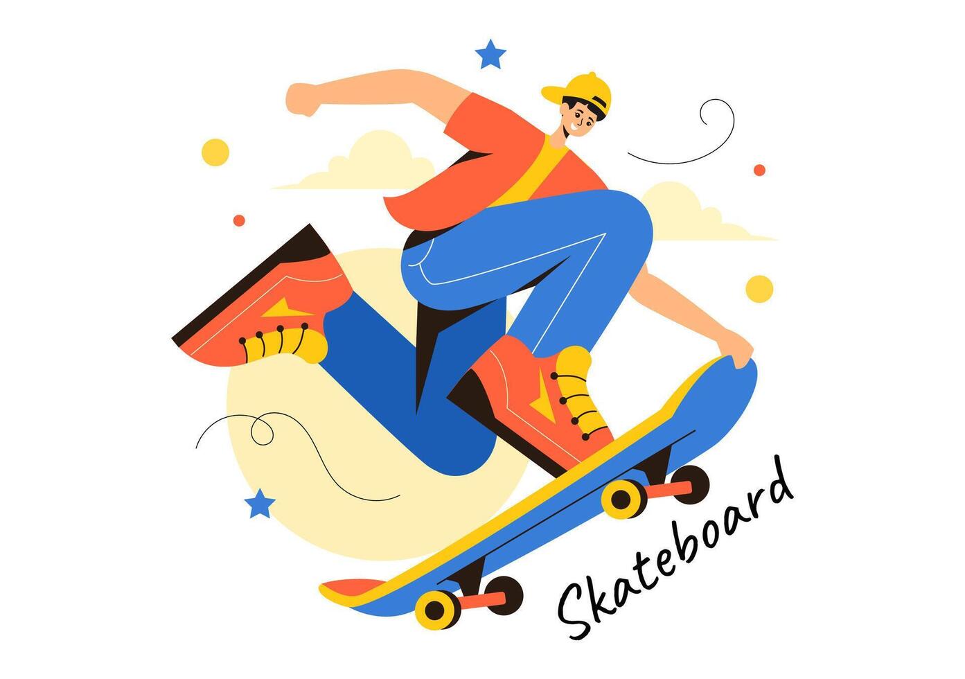 Skateboard Illustration with Skateboarders Jumping on a Springboard in a Skatepark in Extreme Sports on Flat Style Cartoon Background vector