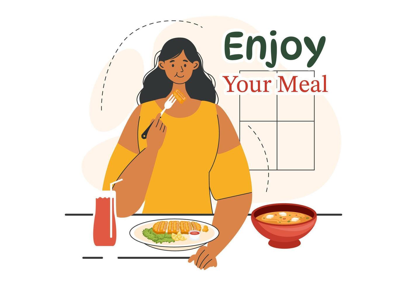 Enjoy Your Meal Illustration of a Variety of Delicious Food in Home or Restaurant Settings in Flat Style Cartoon Background Design vector