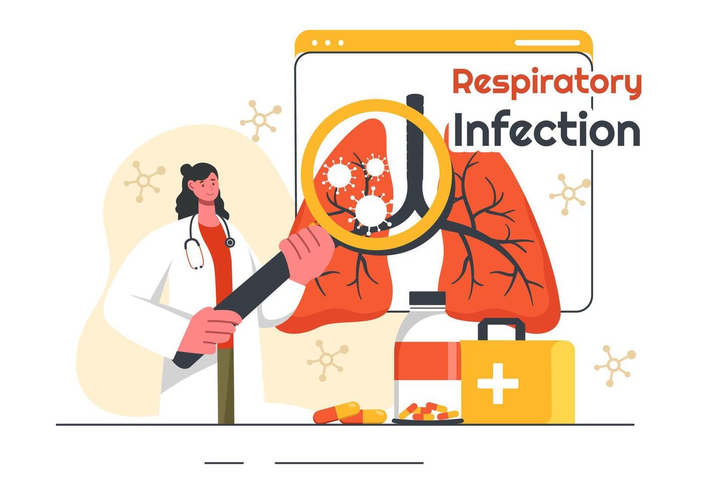 Illustration of Respiratory Infection and Inflammation in the Lungs Caused by Virus Cells on a Background in Healthcare and Medical Concept vector