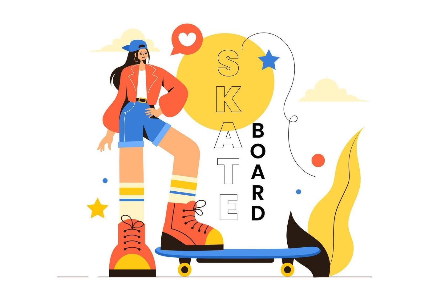 Skateboard Illustration with Skateboarders Jumping on a Springboard in a Skatepark in Extreme Sports on Flat Style Cartoon Background vector