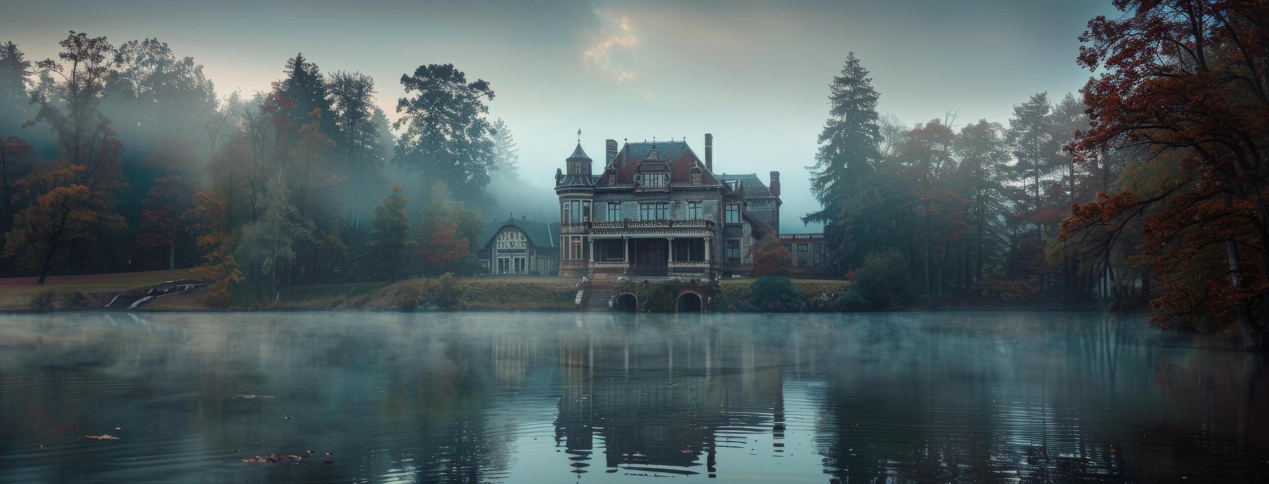 A Picturesque Chateau on a Misty Lake in the Forest photo