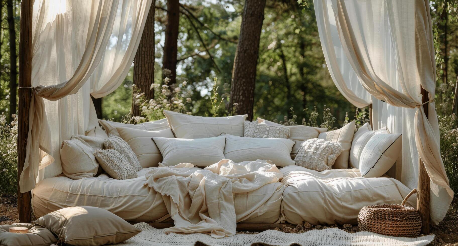 Outdoor Canopy Bed With White Pillows And Blanket In Forest photo