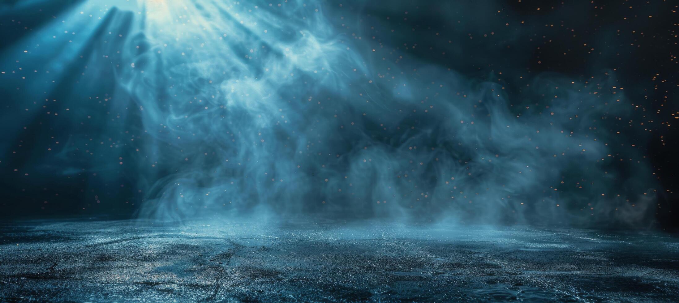 Dramatic Blue Light Shining Through Smoke and Dust on a Dark Surface photo