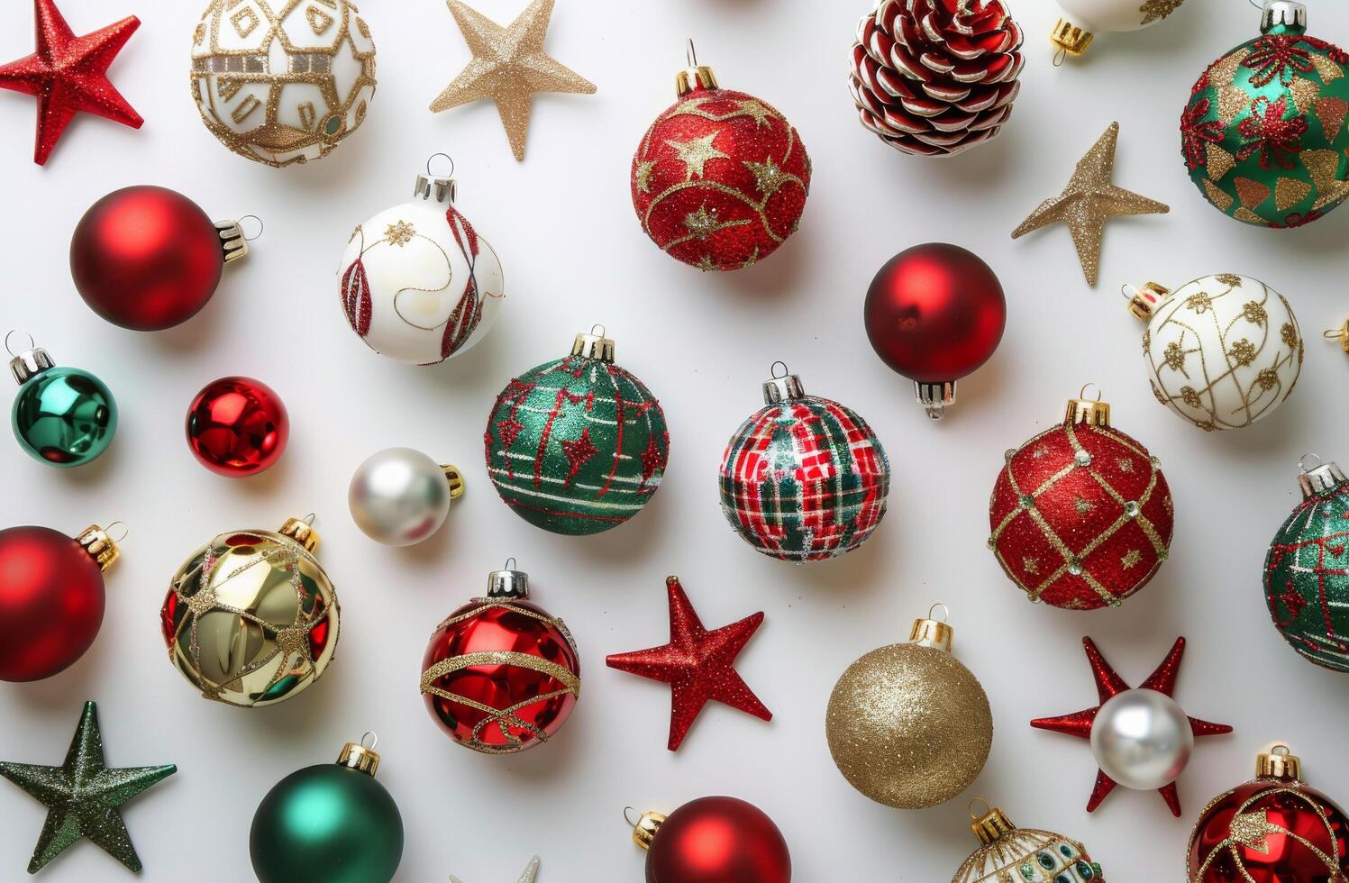 A Festive Arrangement of Christmas Ornaments in Red, Green, and Gold photo