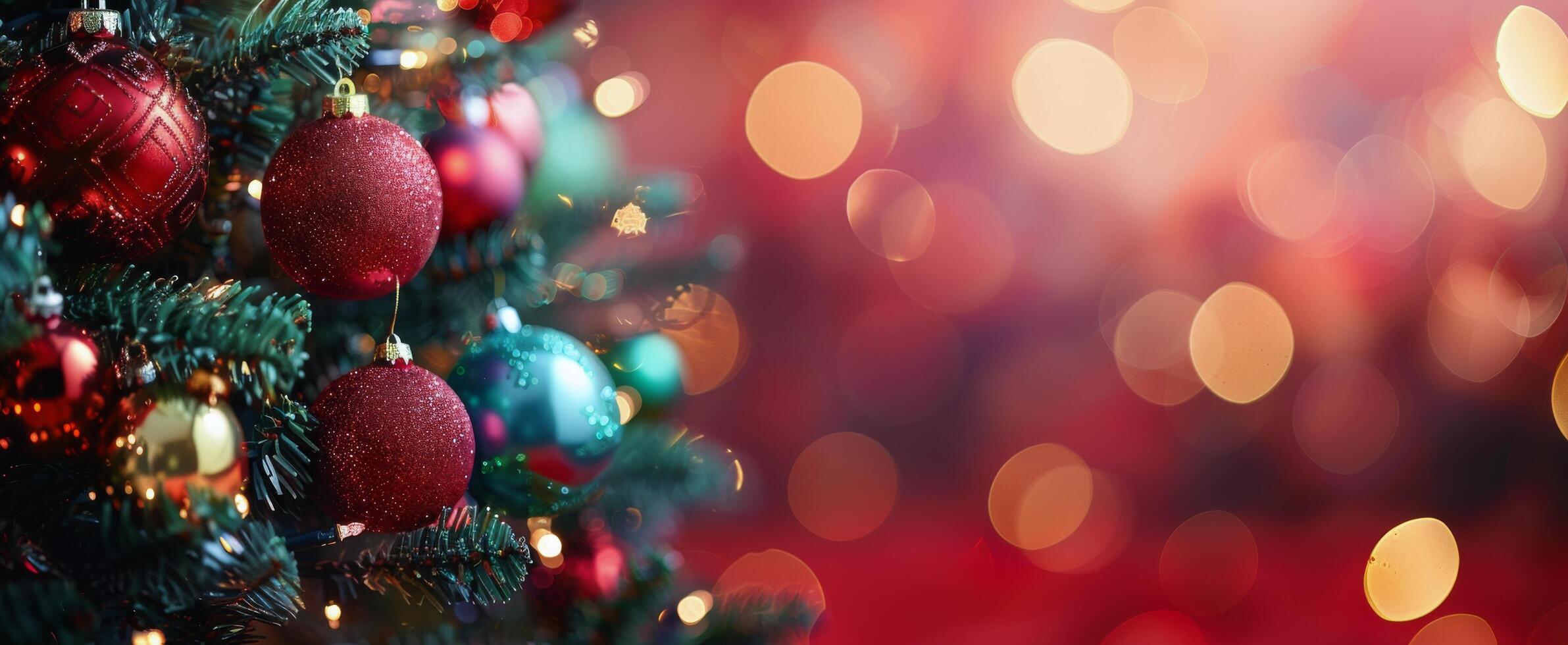 Close Up of Christmas Tree Ornaments With Red and Blue Decorations and Blurred Lights photo