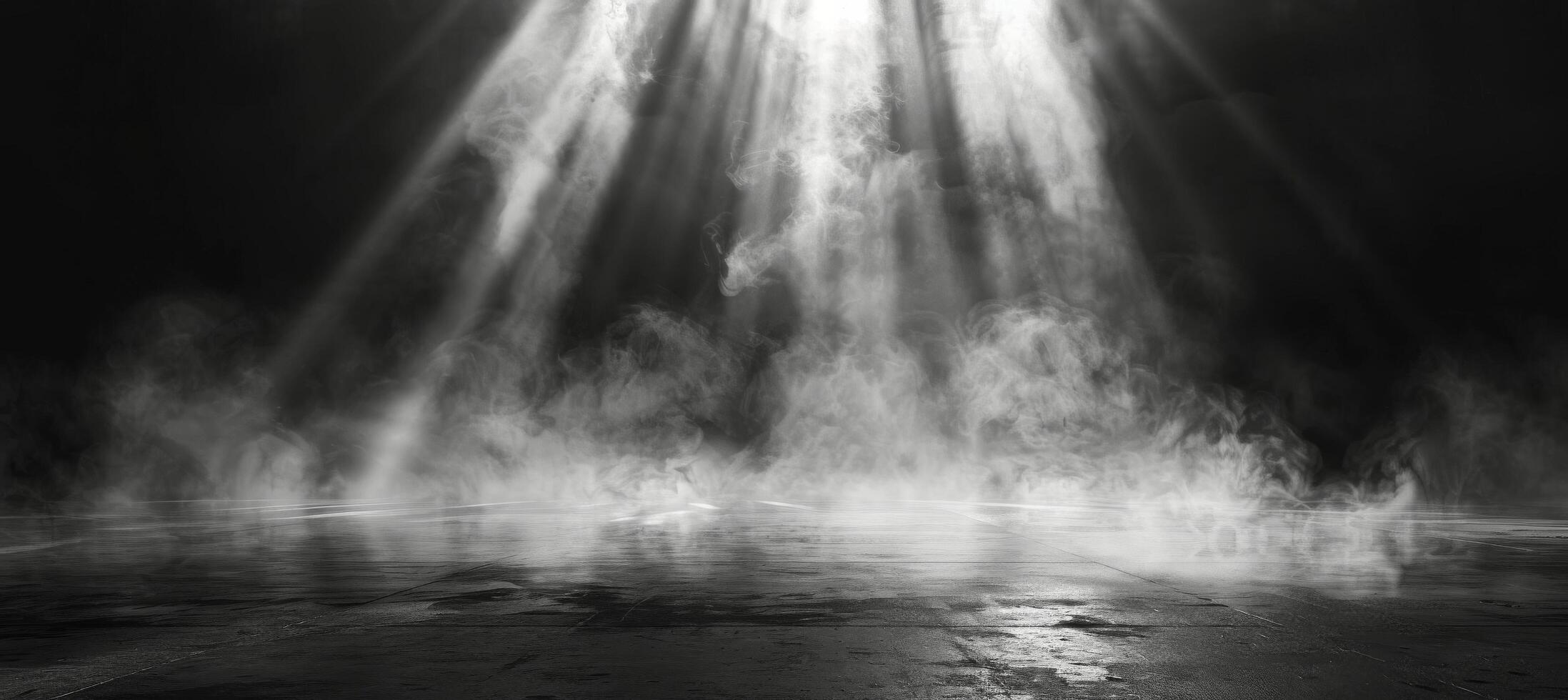 A Single Beam of Light Pierces Through Dark Clouds Over a Misty Surface photo