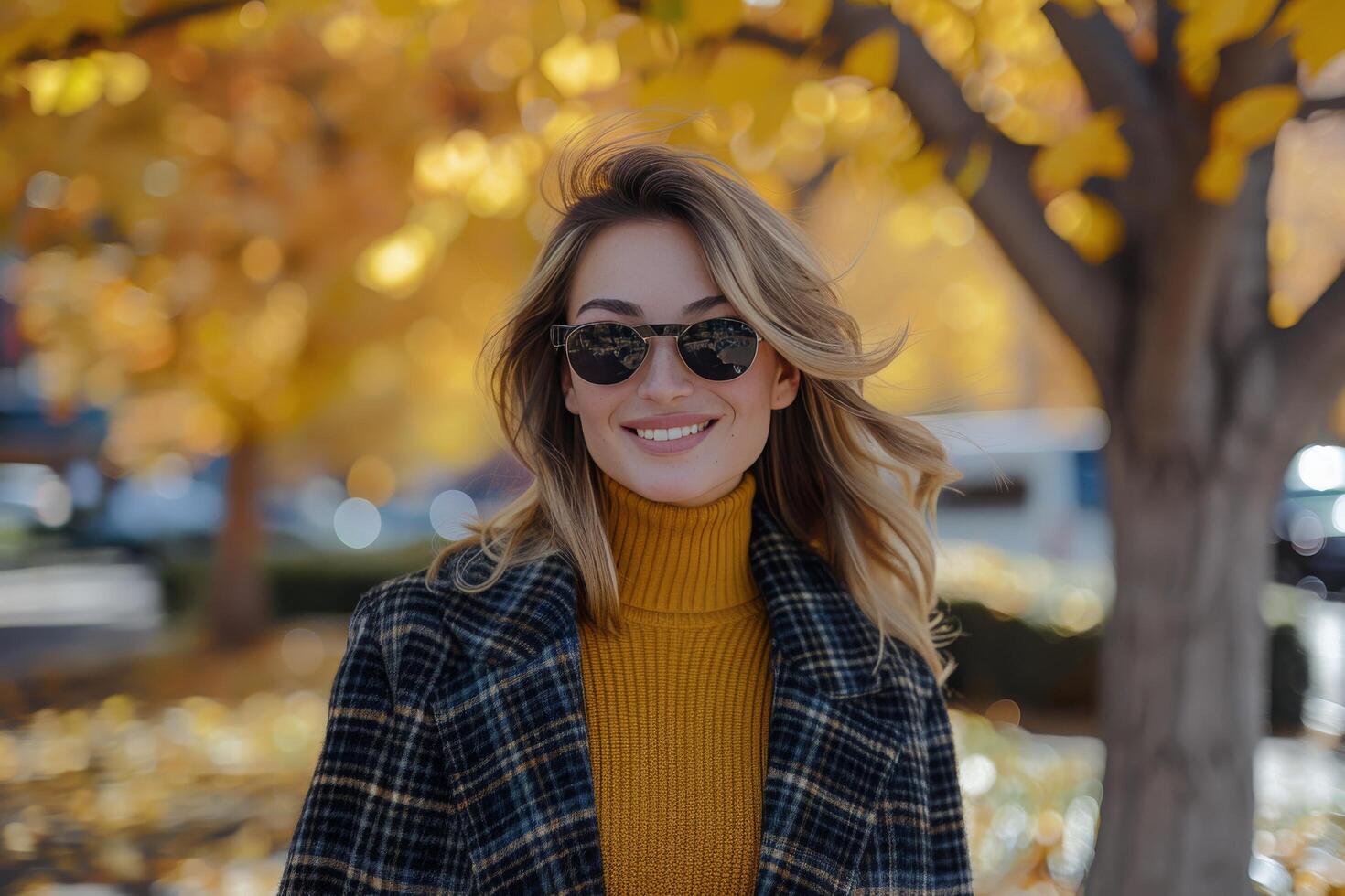 Woman In Plaid Coat Smiling In Front Of Autumn Leaves photo
