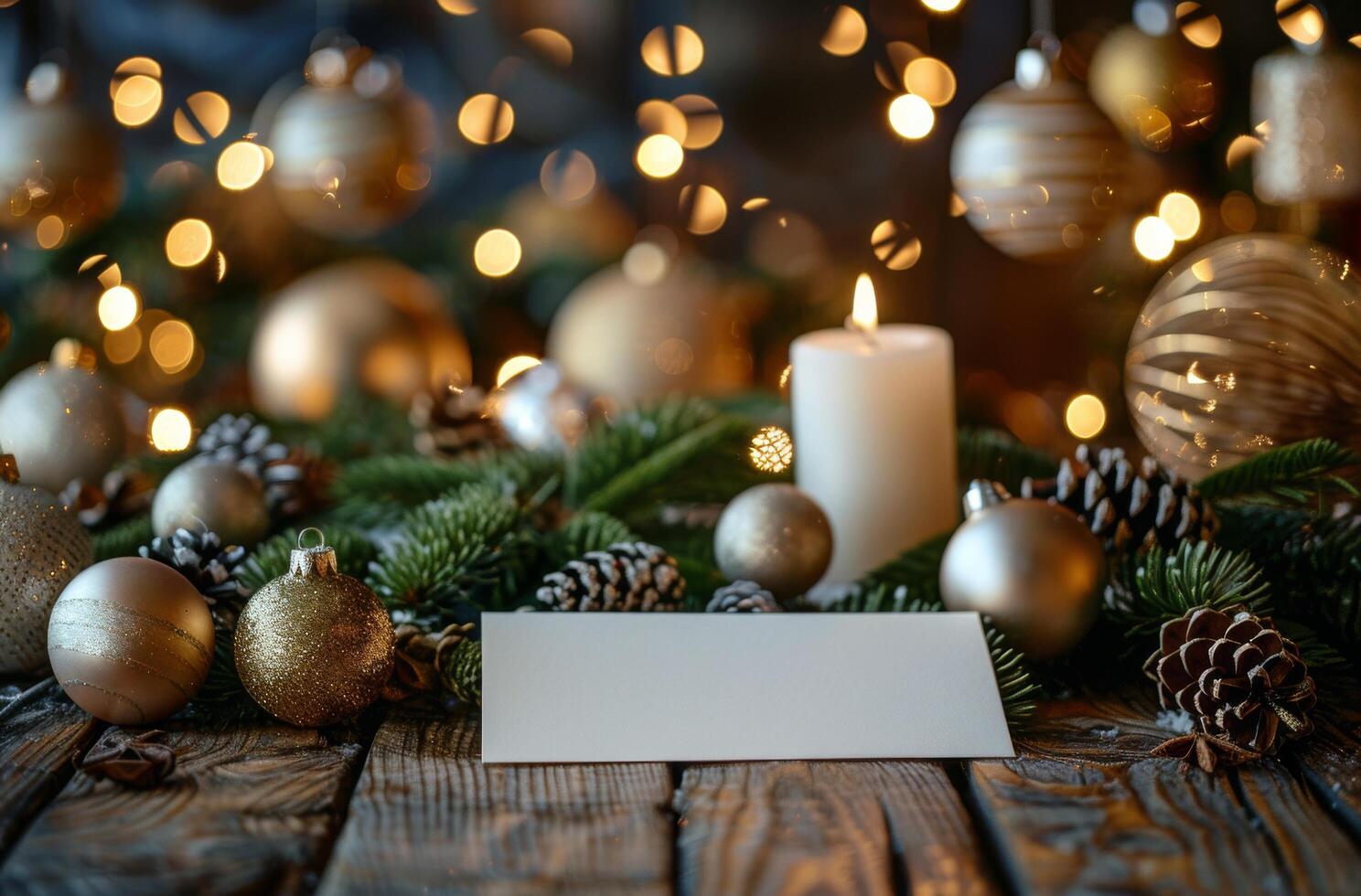 Festive Christmas Decorations With Burning Candle and Blank Card on Rustic Wooden Table photo