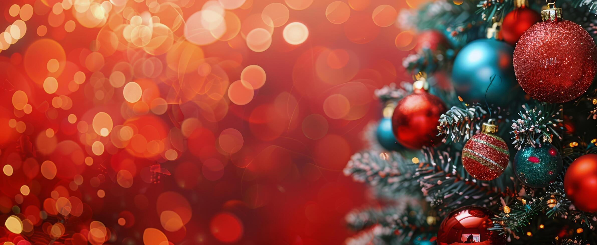 Close Up of Christmas Tree Ornaments With Red and Blue Decorations and Blurred Lights photo