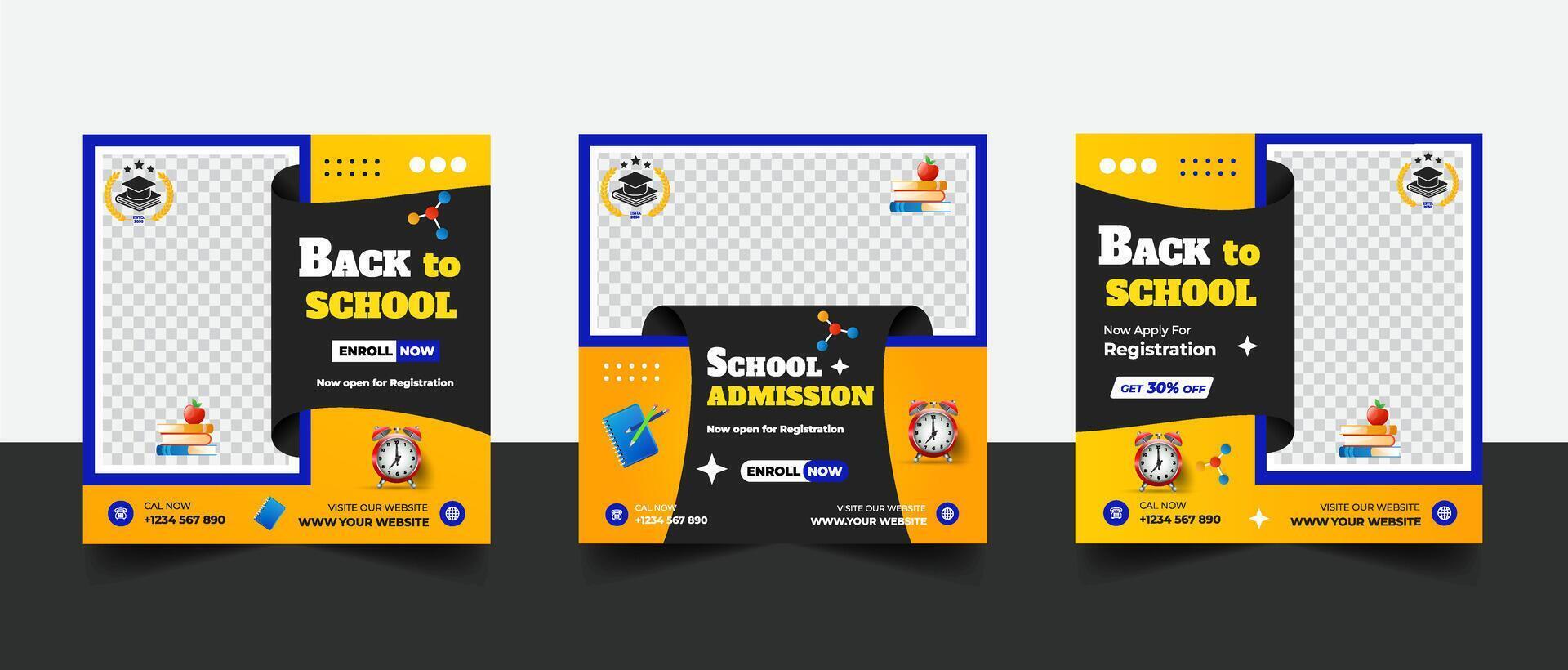 School admission social media post banner template, educational social media post square flyer back to school. vector