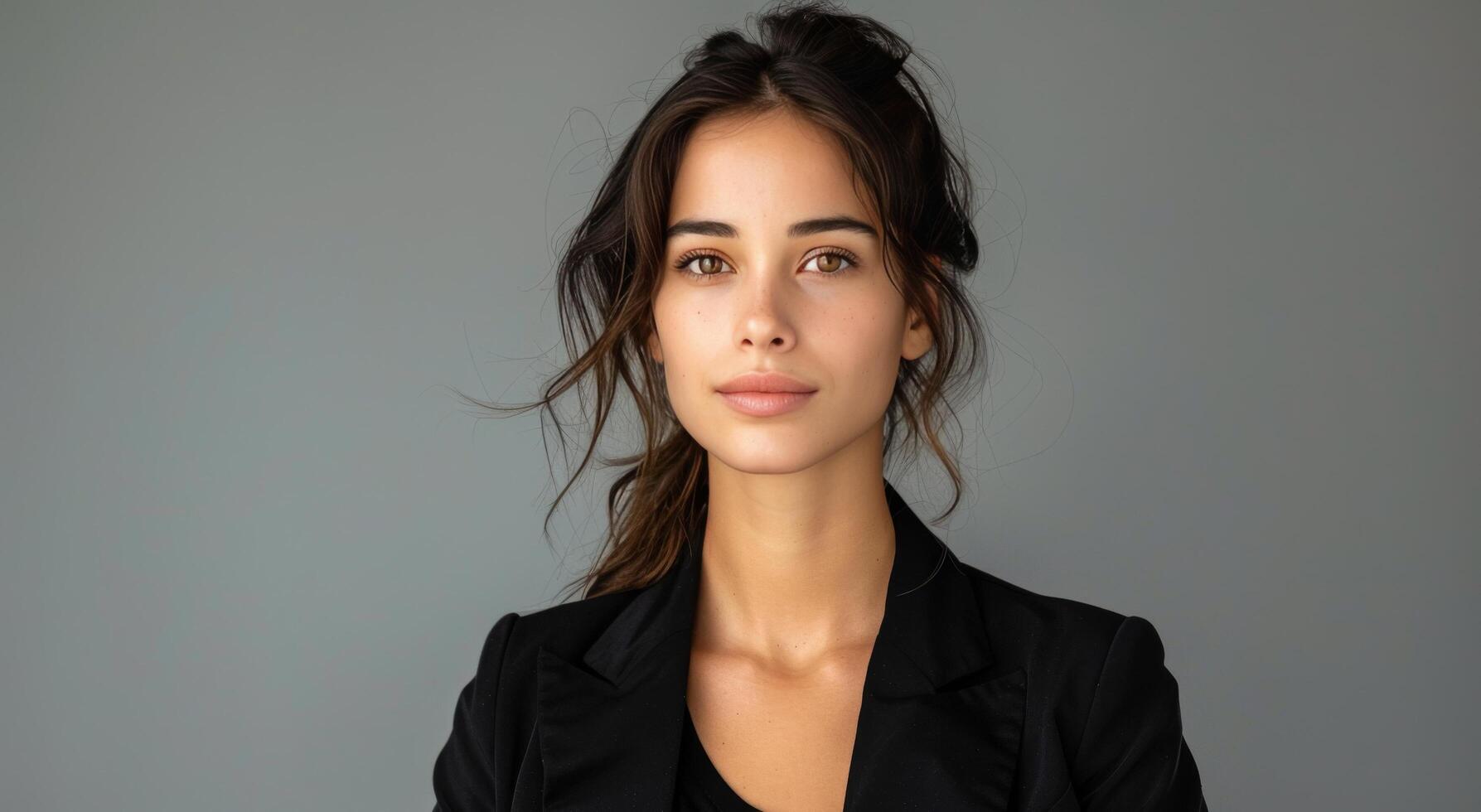 Young Woman With Long Brown Hair Wearing a Black Blazer in Front of a Gray Wall photo
