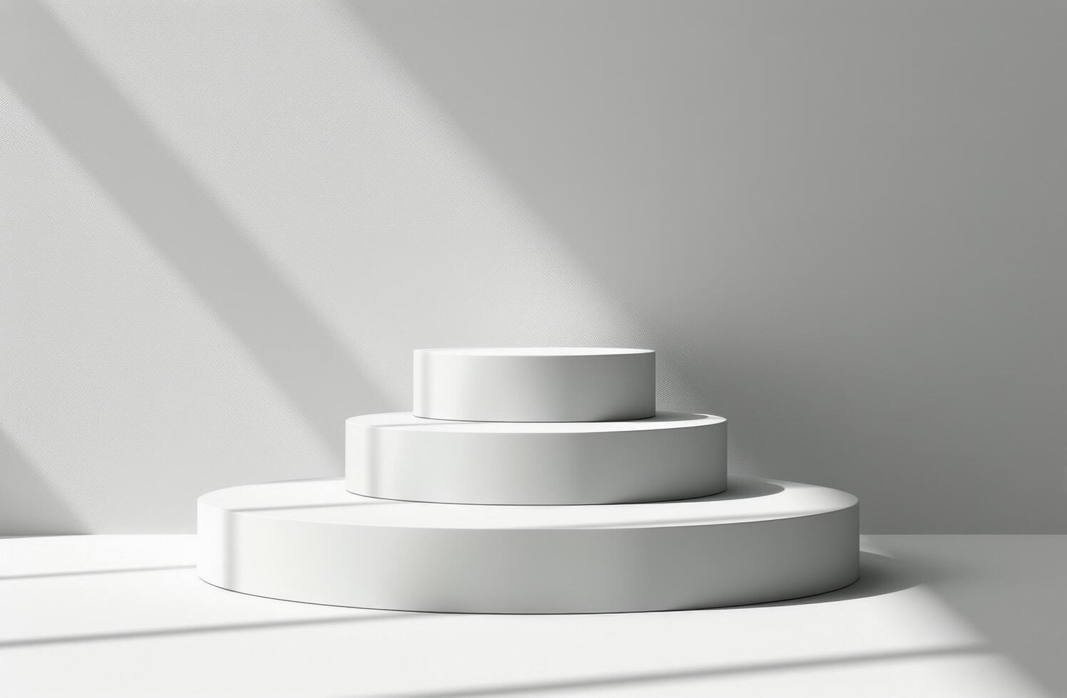 White Platform Display With Sunlight Streaming Through Windows photo