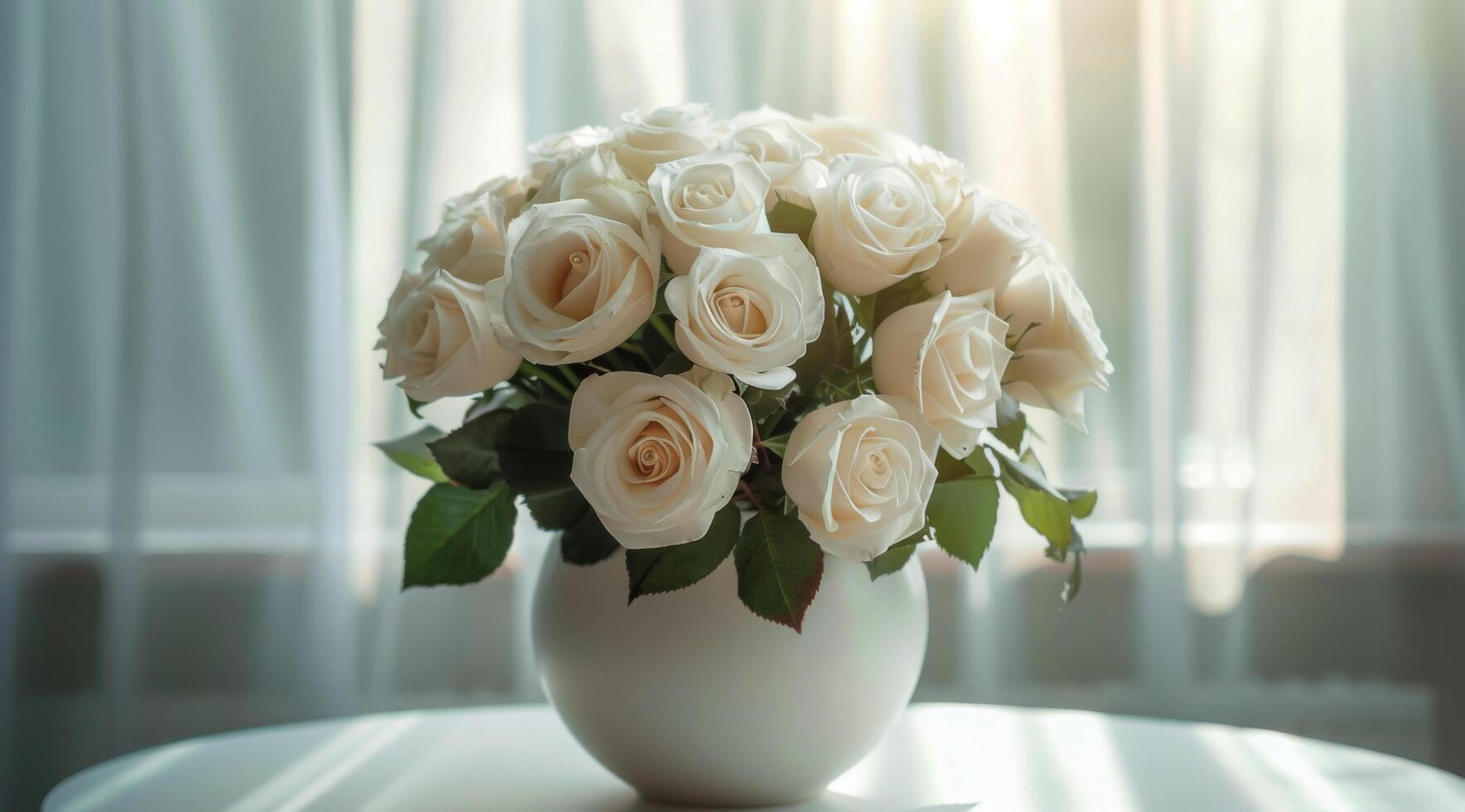 White Rose Bouquet in White Vase on Table by Window photo