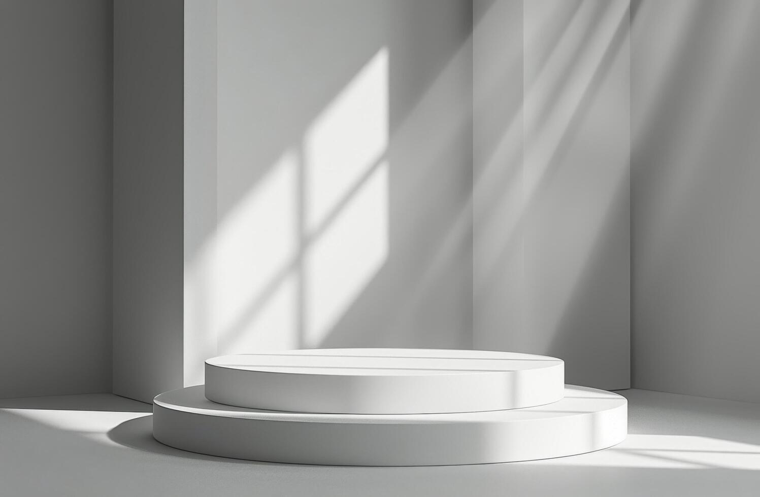White Platform Display With Sunlight Streaming Through Windows photo