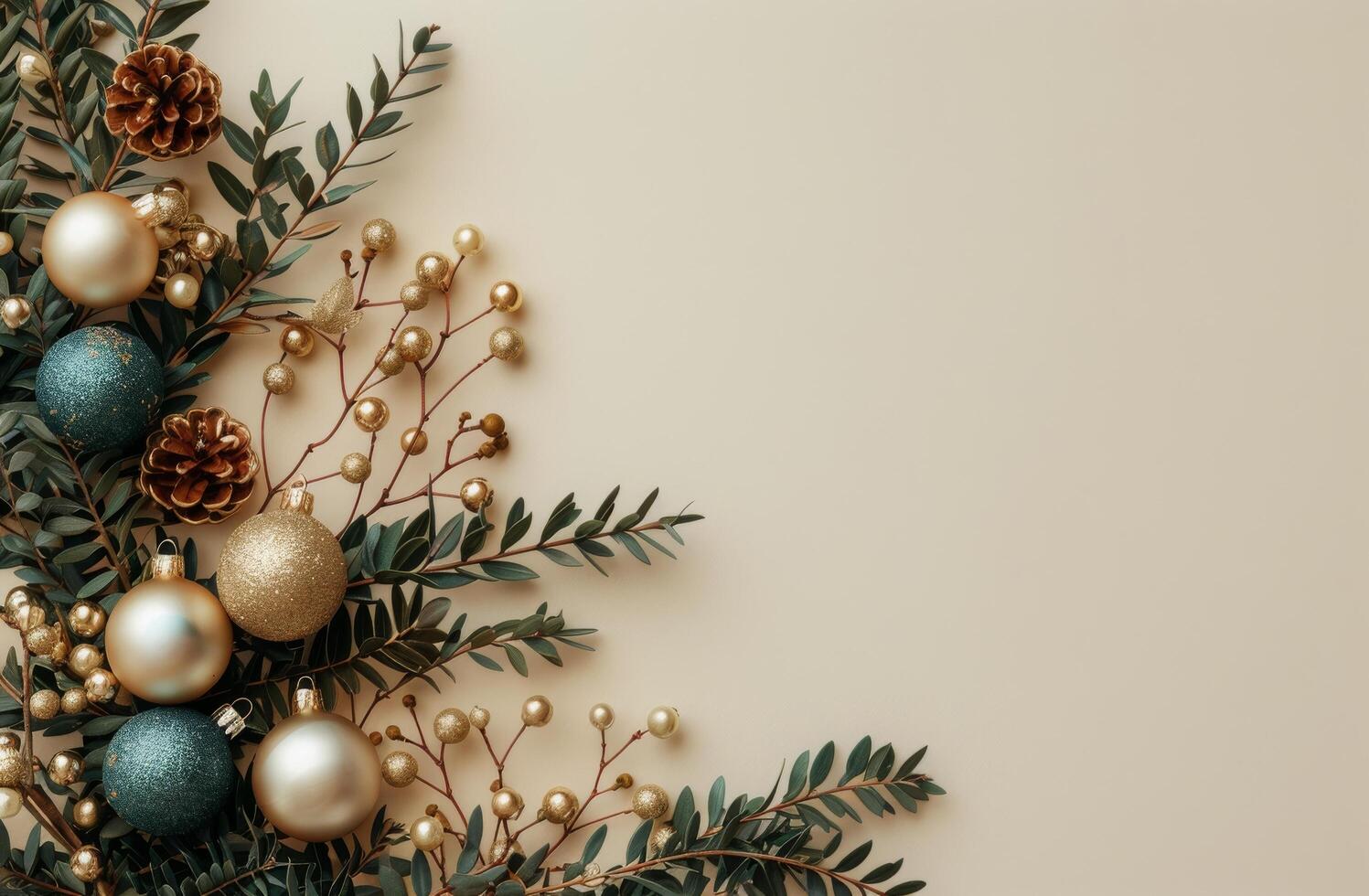 Green and Gold Christmas Ornaments and Greenery on Beige Background photo