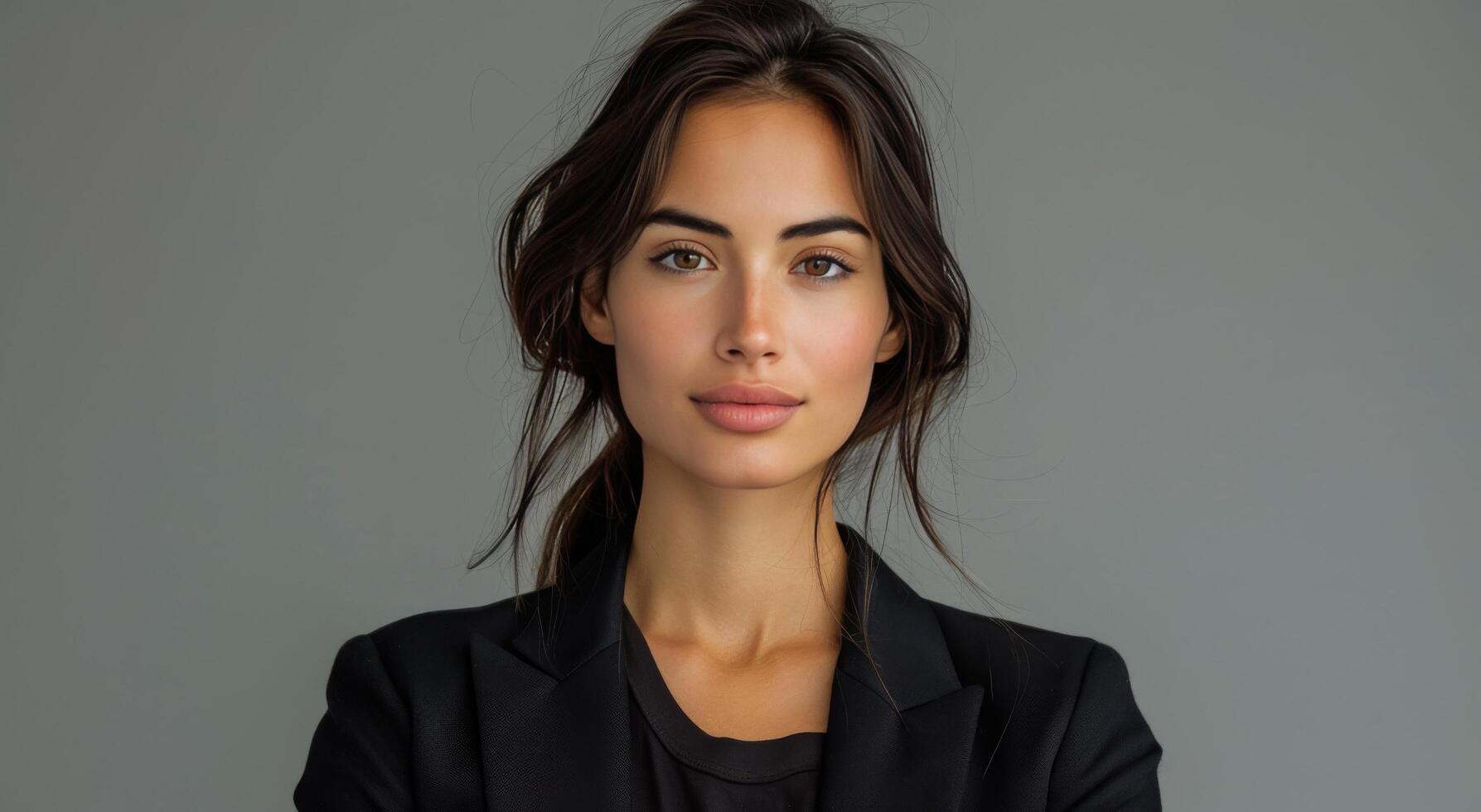 Young Woman With Long Brown Hair Wearing a Black Blazer in Front of a Gray Wall photo