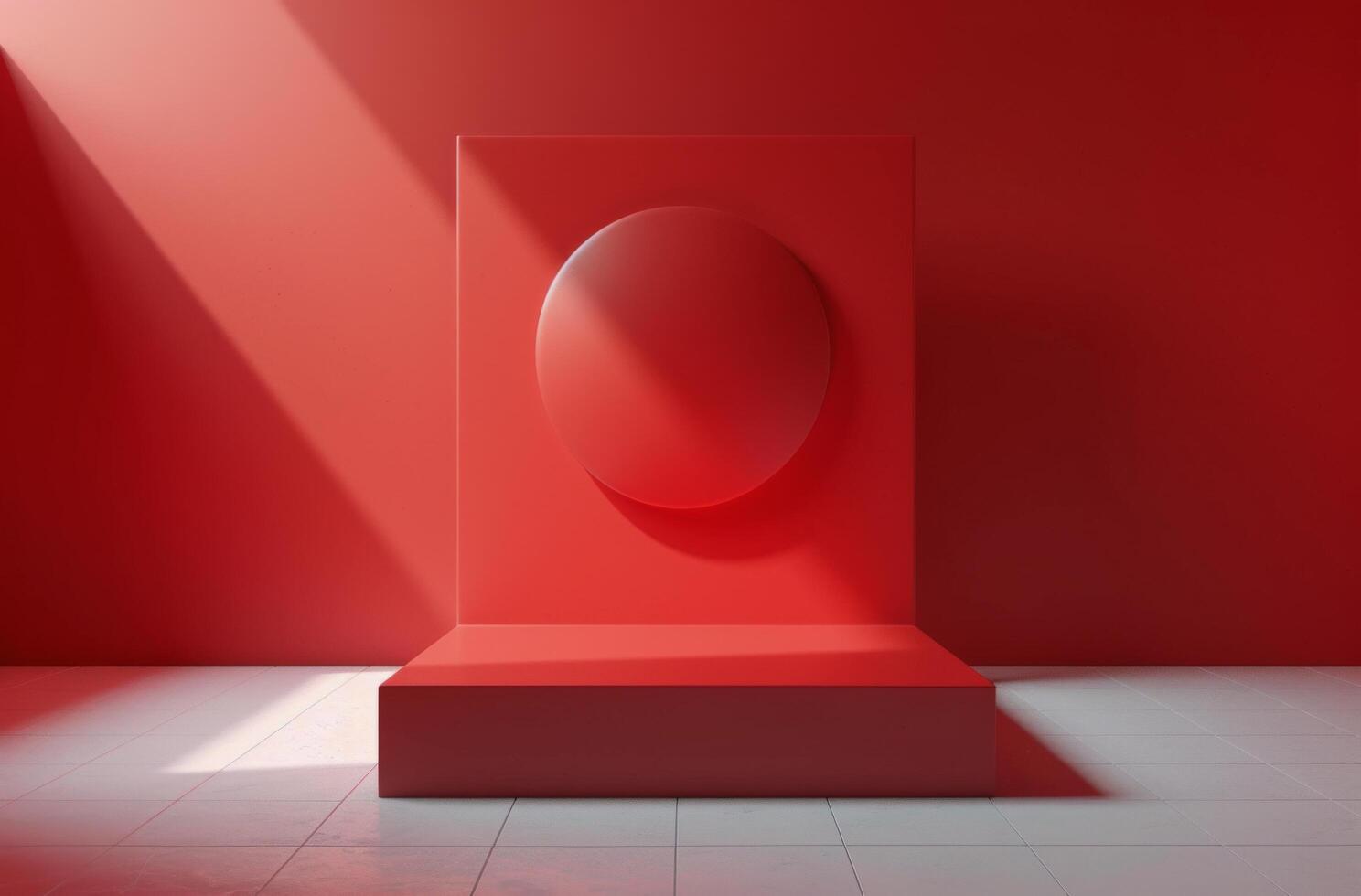 Red Circle and Three Circular Platforms in a Red Room photo