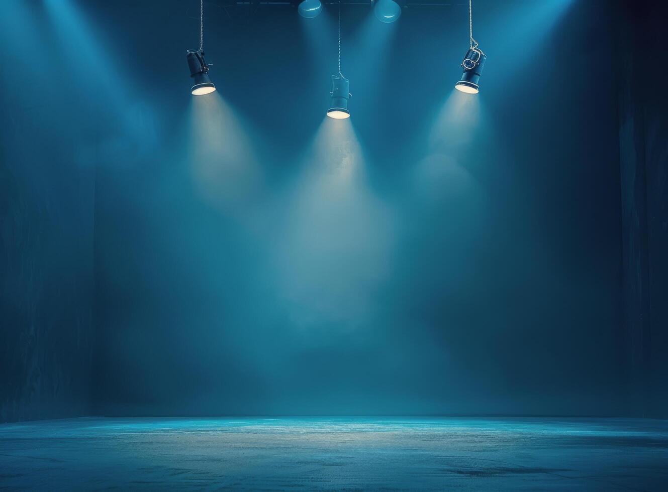 Three Hanging Lights Illuminating Empty Blue Room photo