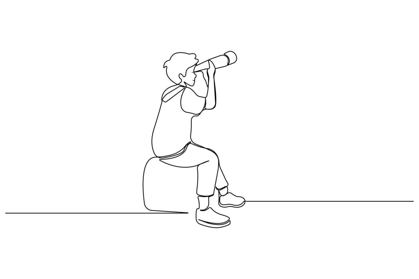 Young boy sitting and looking through telescope one line art drawing. vector