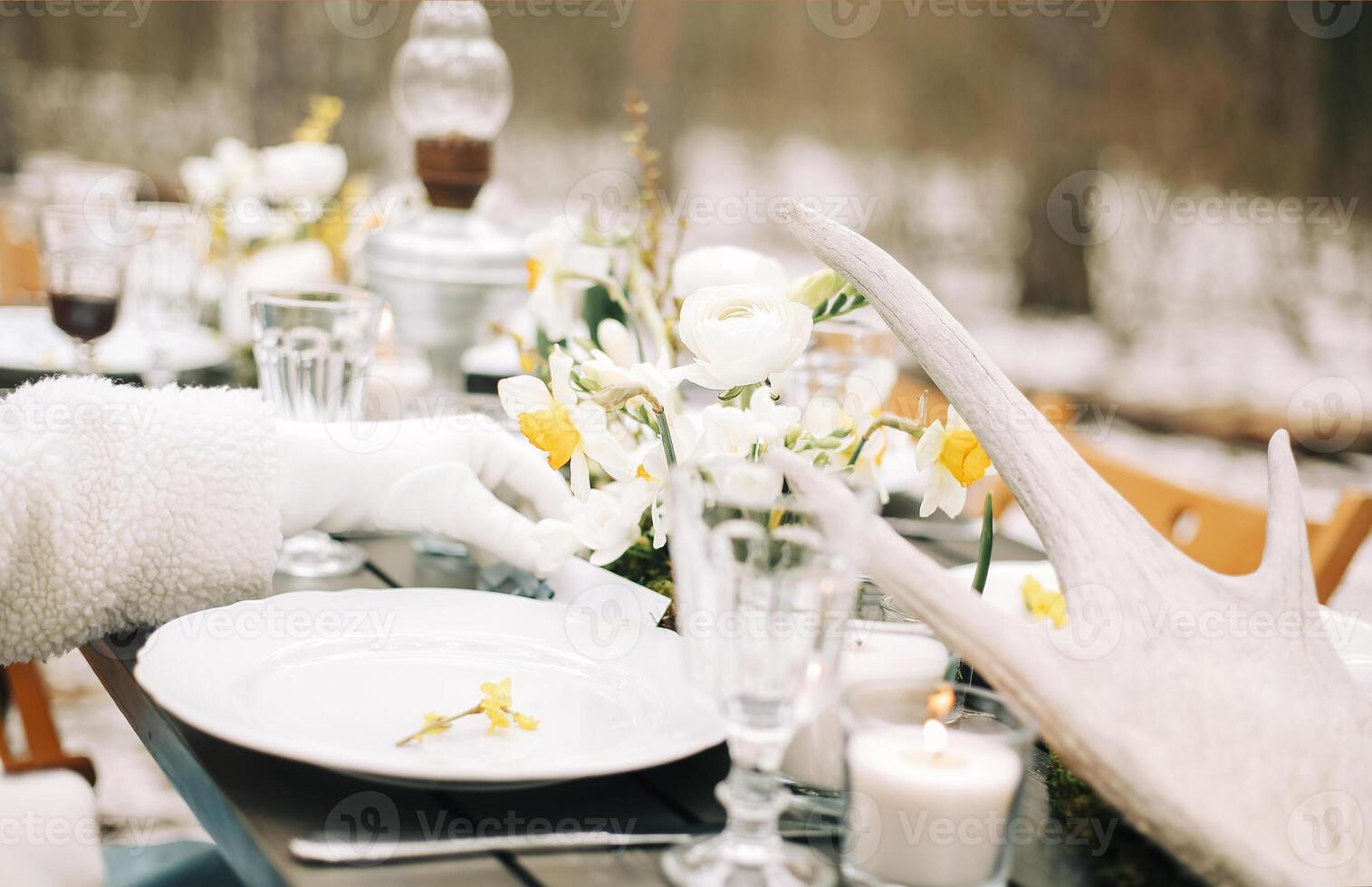 Food and drinks on banquet table photo