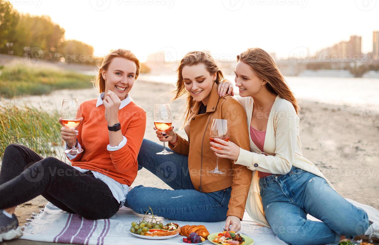 Happy young women resting during picnic photo
