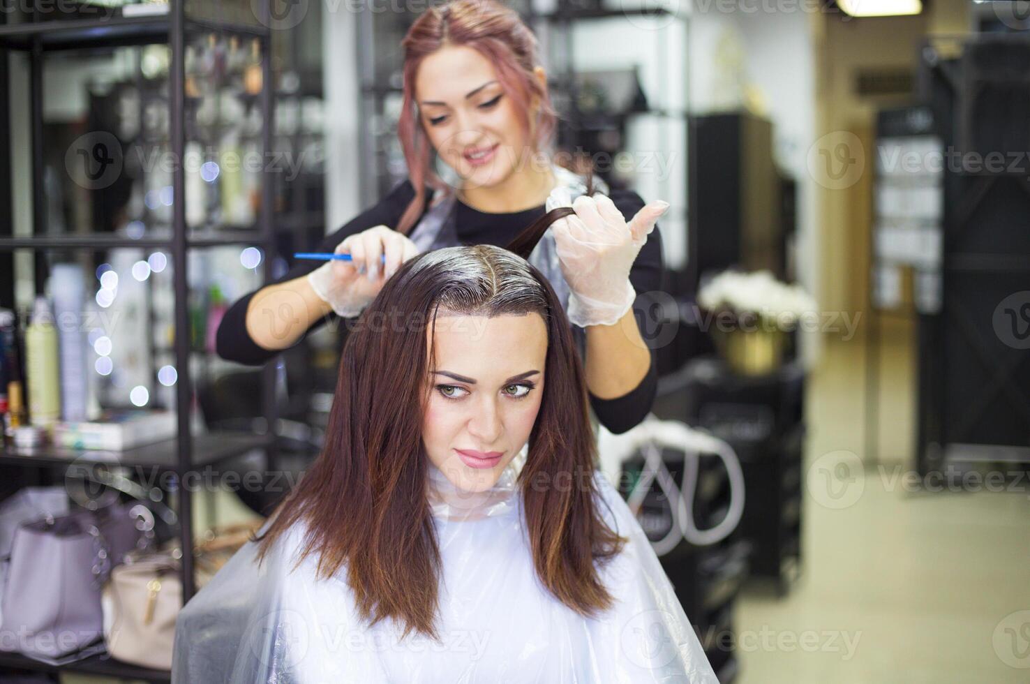Professional female hairdresser applying color to female customer at design hair salon, woman having her hair dyed photo