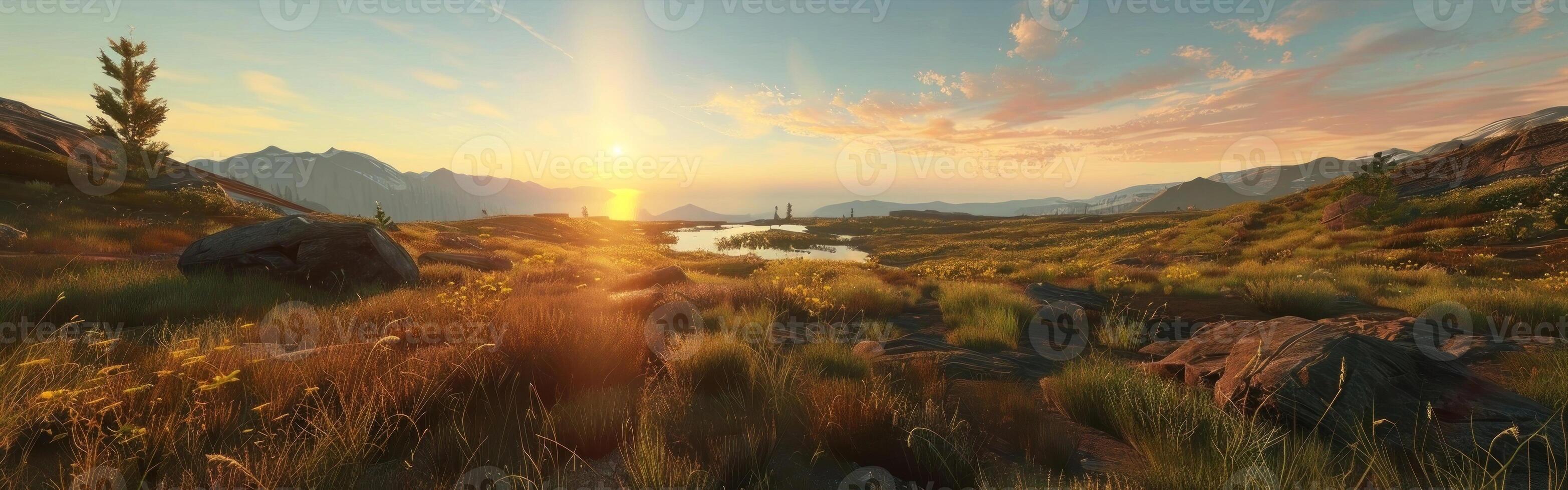 Breathtaking sunset over a serene landscape with golden grass, distant mountains photo