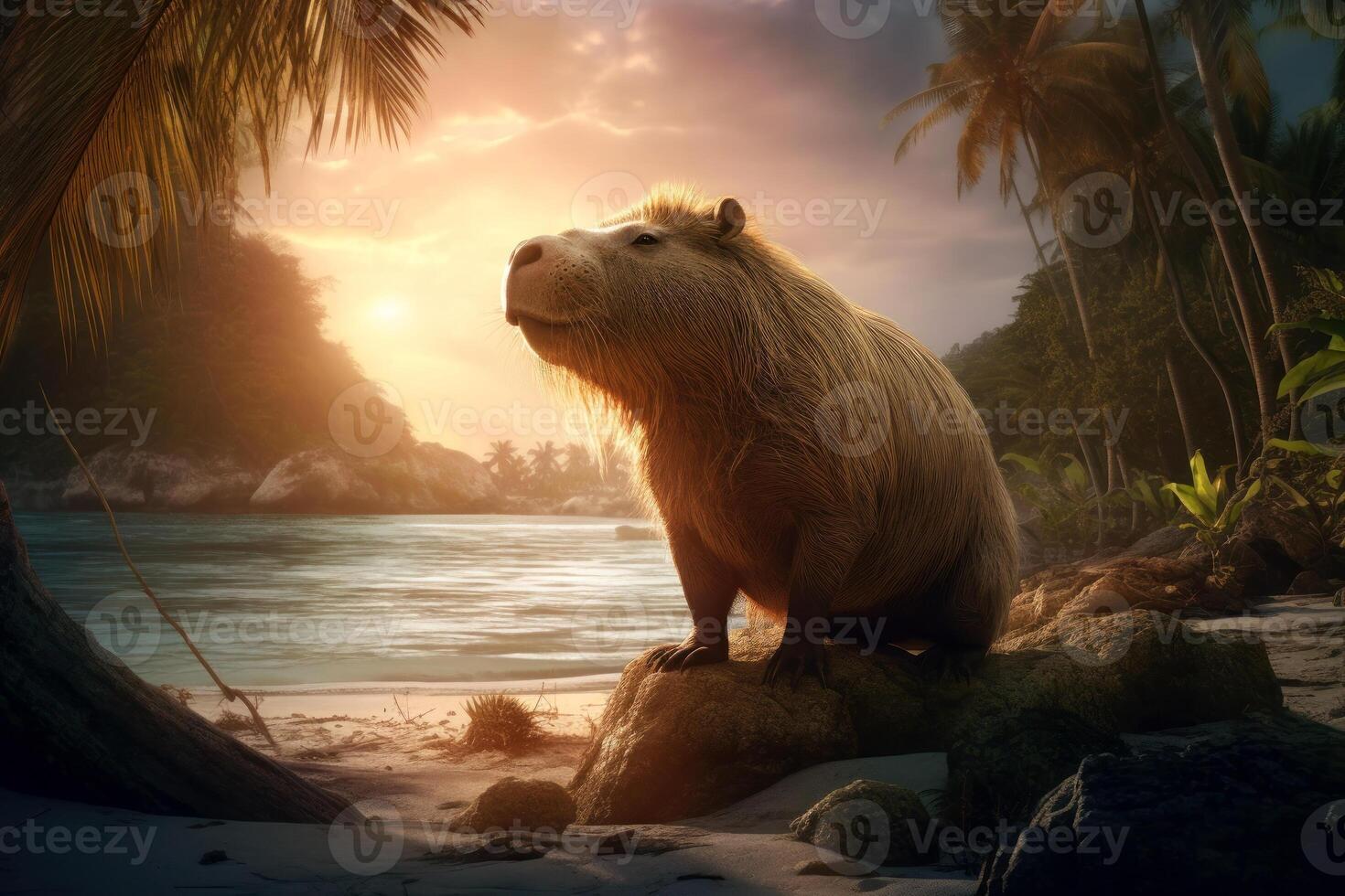 Cute capybara enjoying a serene tropical sunset by the lakeside, photo