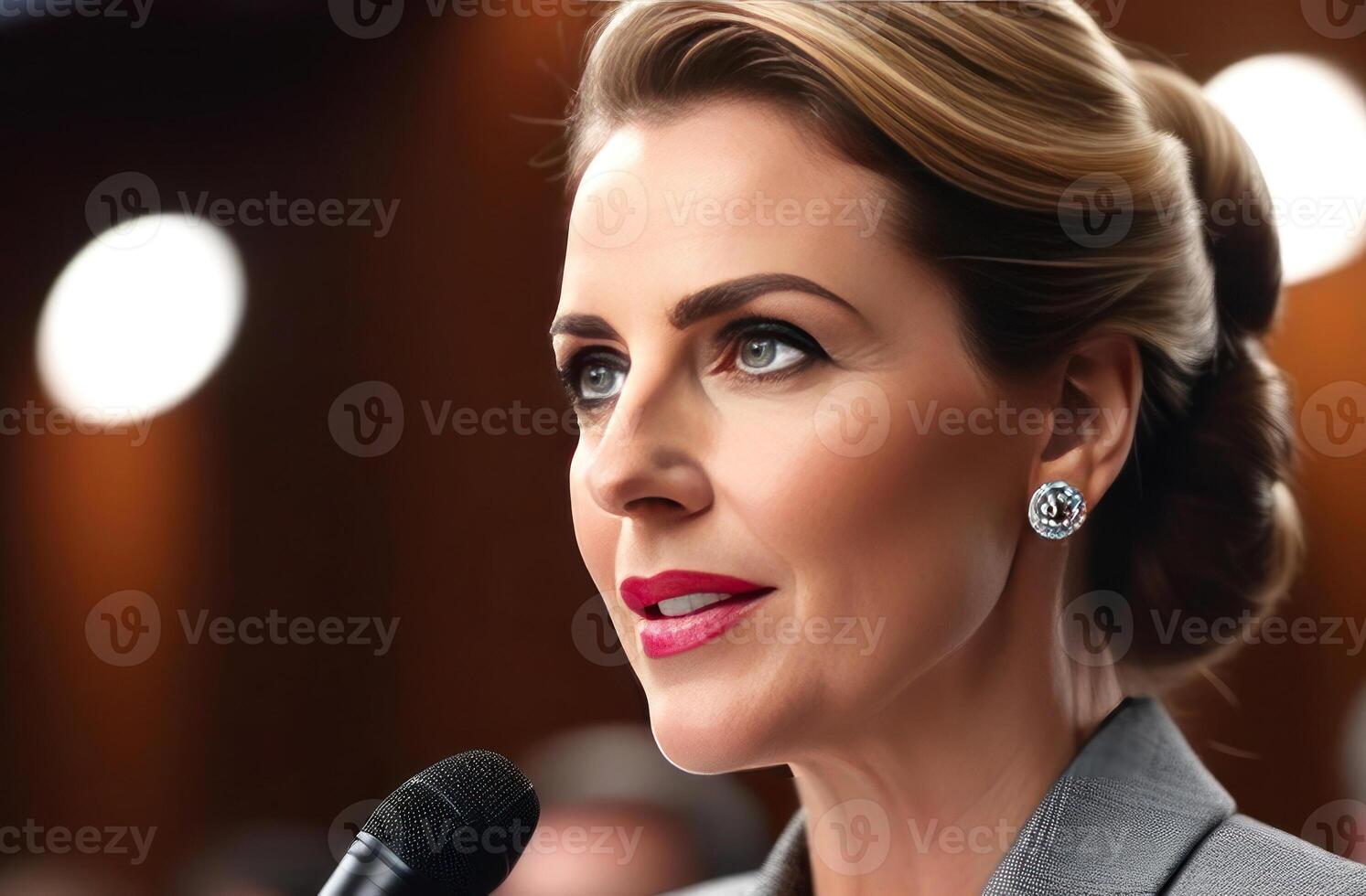 Elegant and poised woman speaking with confidence into a microphone photo