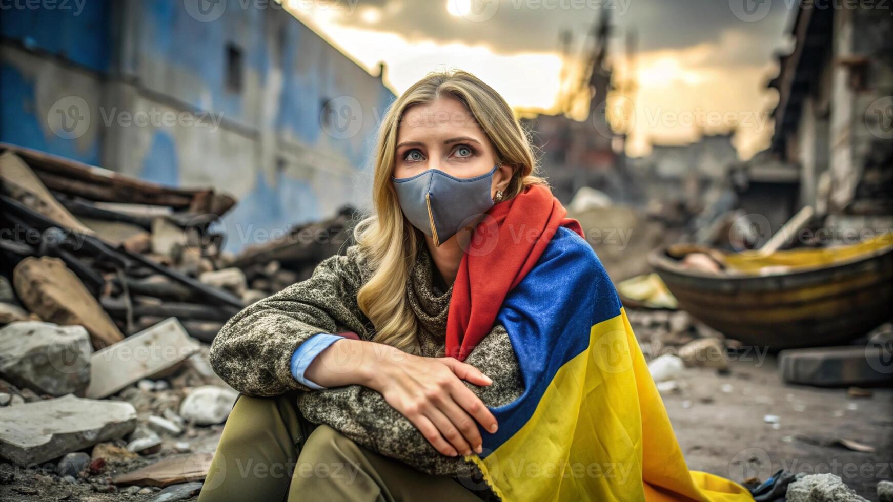 Beautiful Ukrainian sad woman melting with fire generated by AI photo