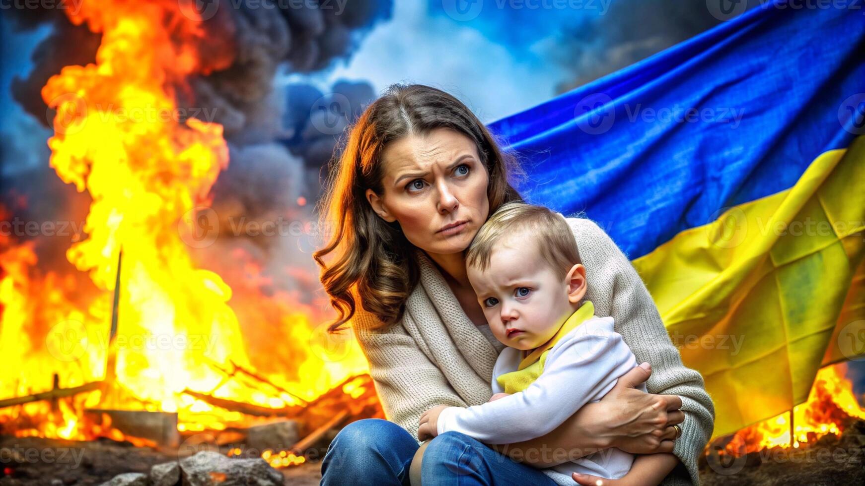 Beautiful Ukrainian sad woman melting with fire generated by AI photo