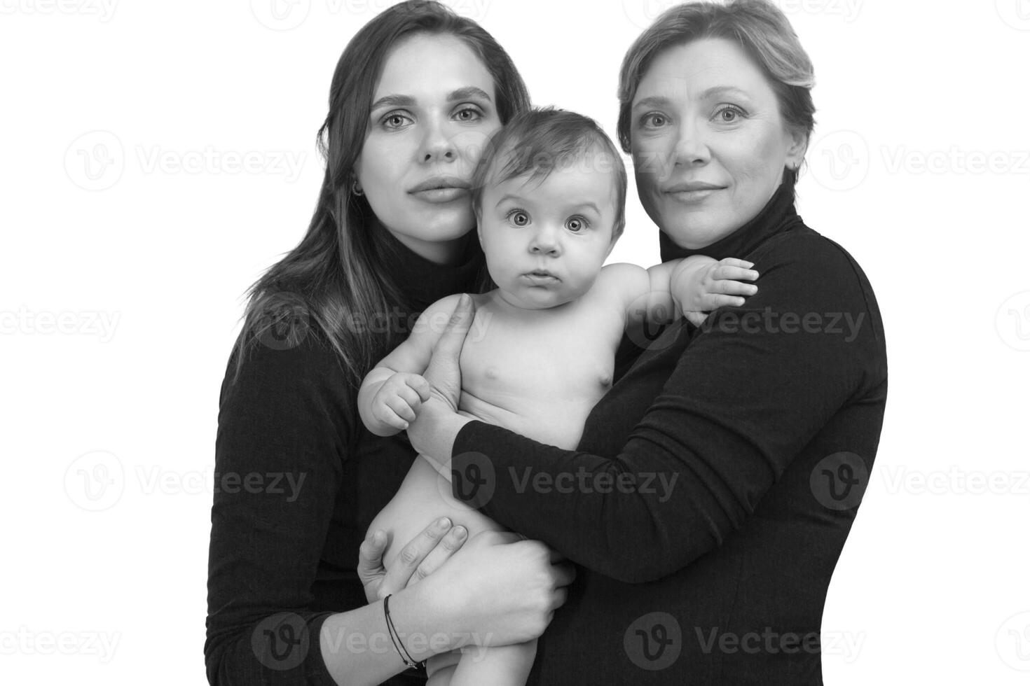 Grandmother, daughter and granddaughter on white portrait, happy family concept photo