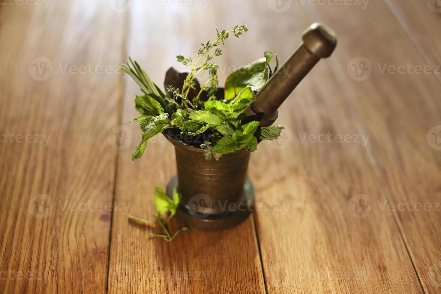 Herbs and pestle in mortar photo