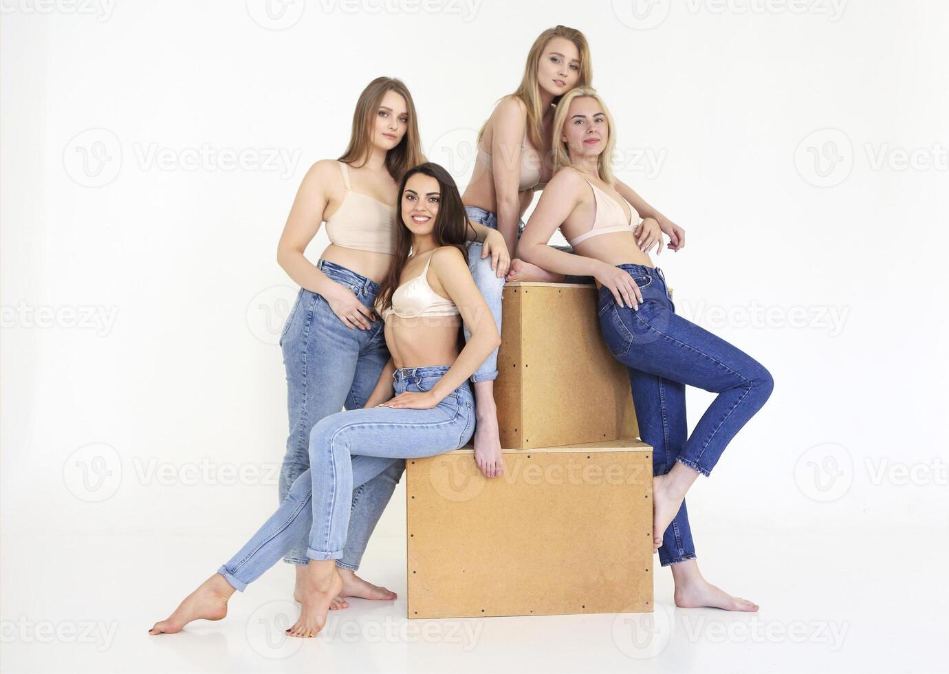 Beautiful multicultural young woman posing Camera isolated over white. Body Positivity photo