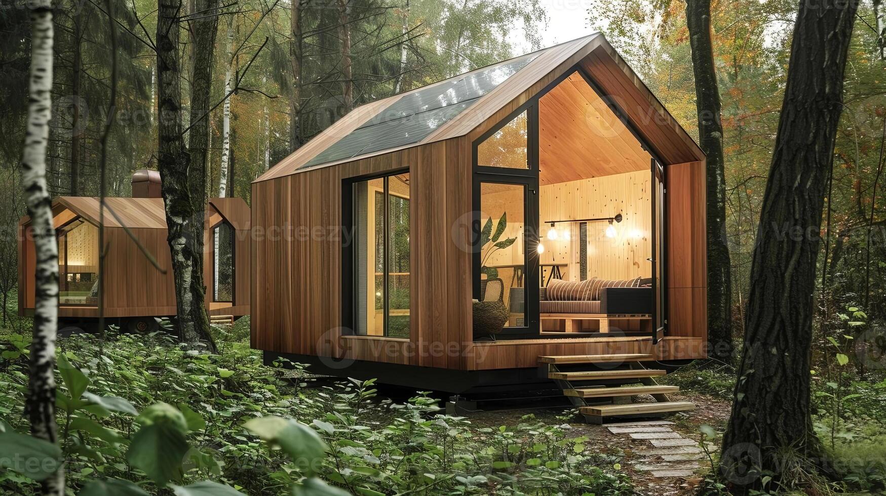 Experience the coziness of these modern wooden cabins nestled in a serene forest photo