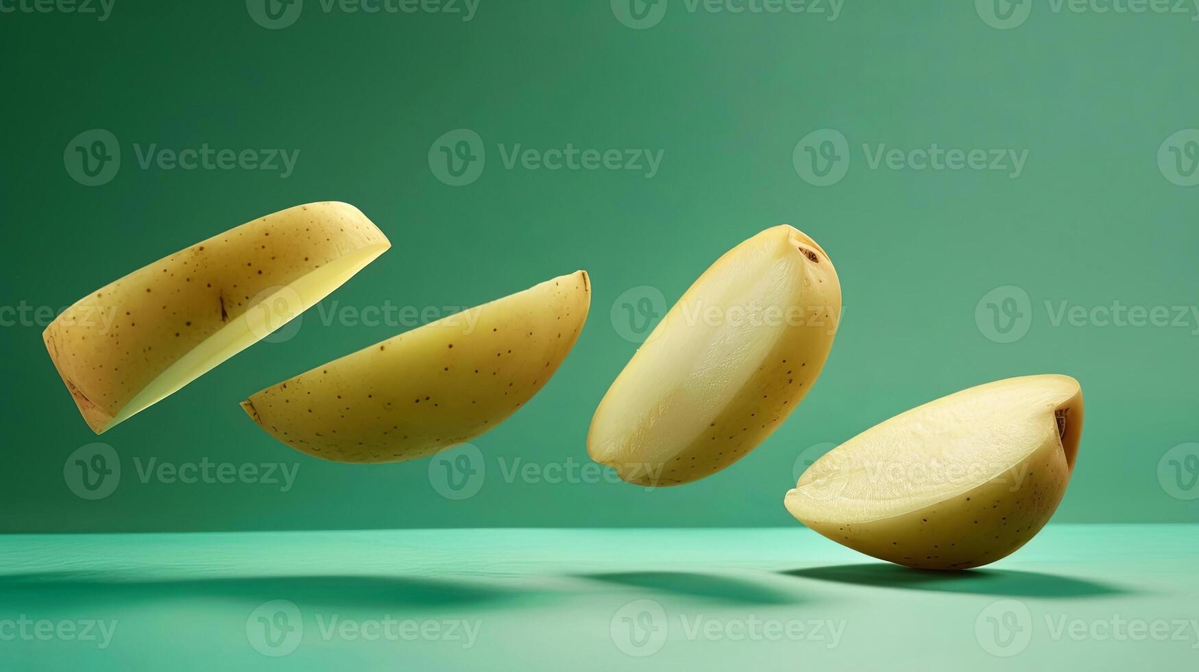 Slices of potato are suspended in a state of mid-air suspension against a soft green background photo