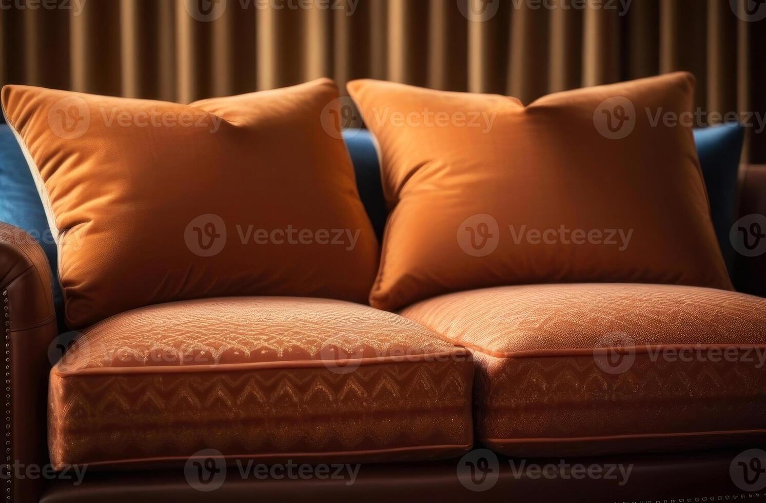 Luxurious leather sofa with plush pillows basking in ambient light photo