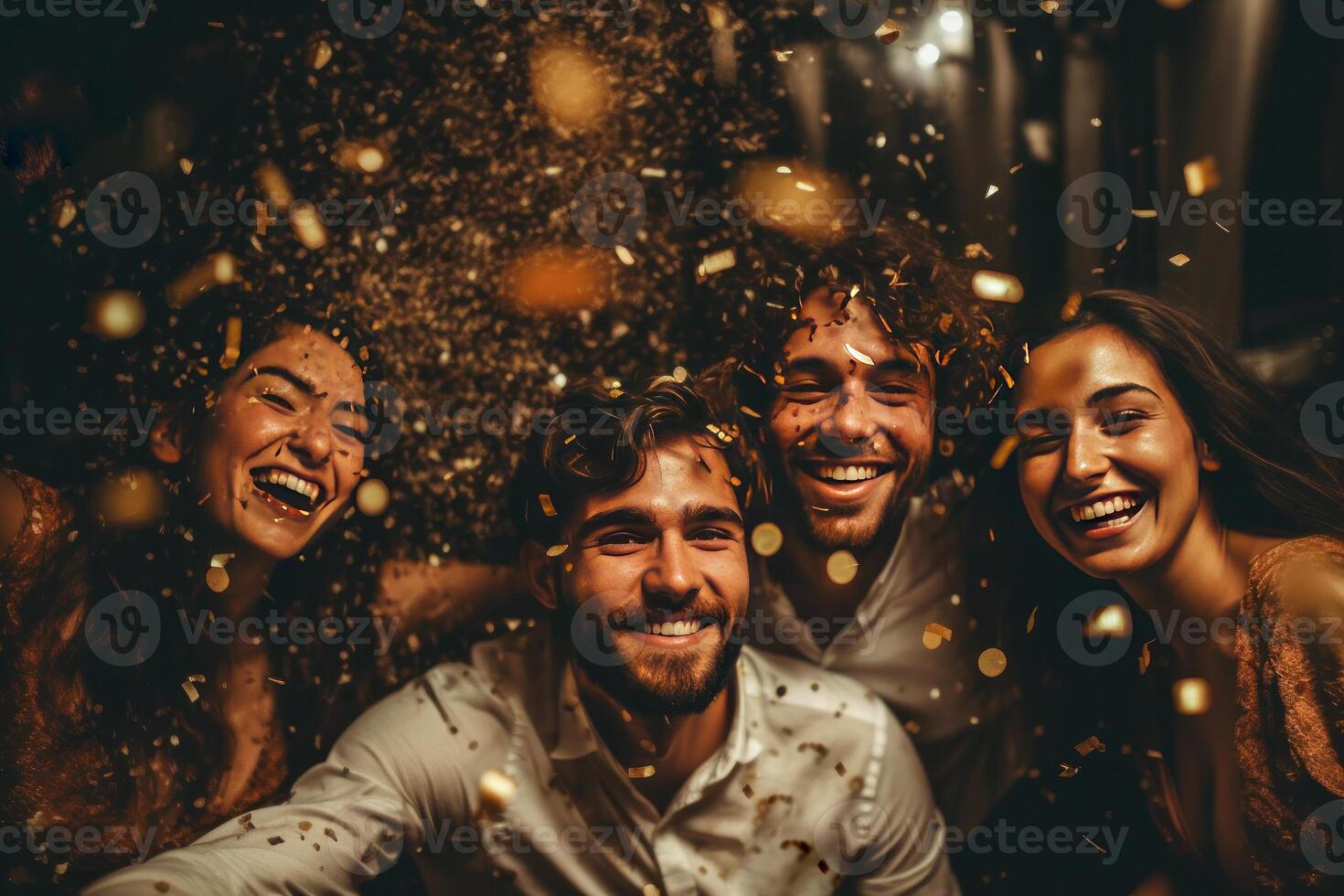 vibrant photo shows friends laughing amidst a shower of confetti
