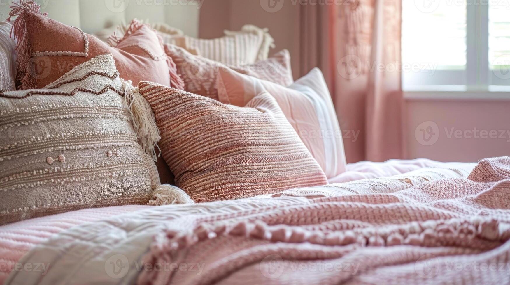 Cozy up with this chic boho bedding set in soft blush tones, radiating warmth and comfort photo