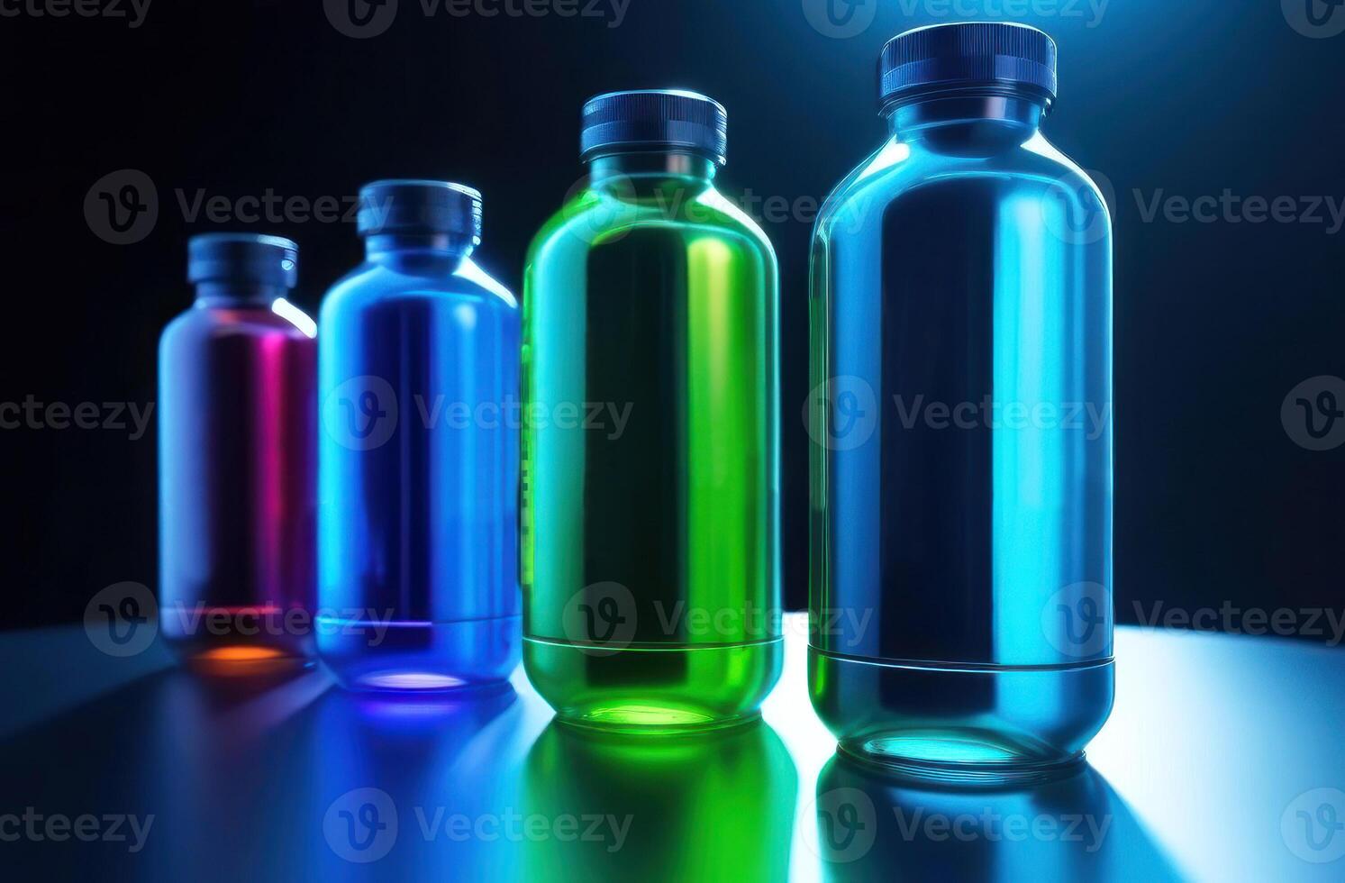 Vivid neon glow radiates from a lineup of sleek bottles, casting a futuristic aura photo