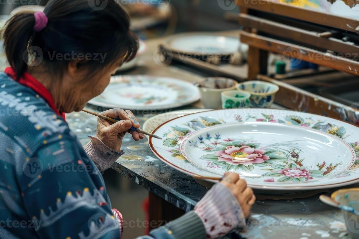 A skilled artisan meticulously hand-paints a beautiful floral design onto a ceramic plate photo